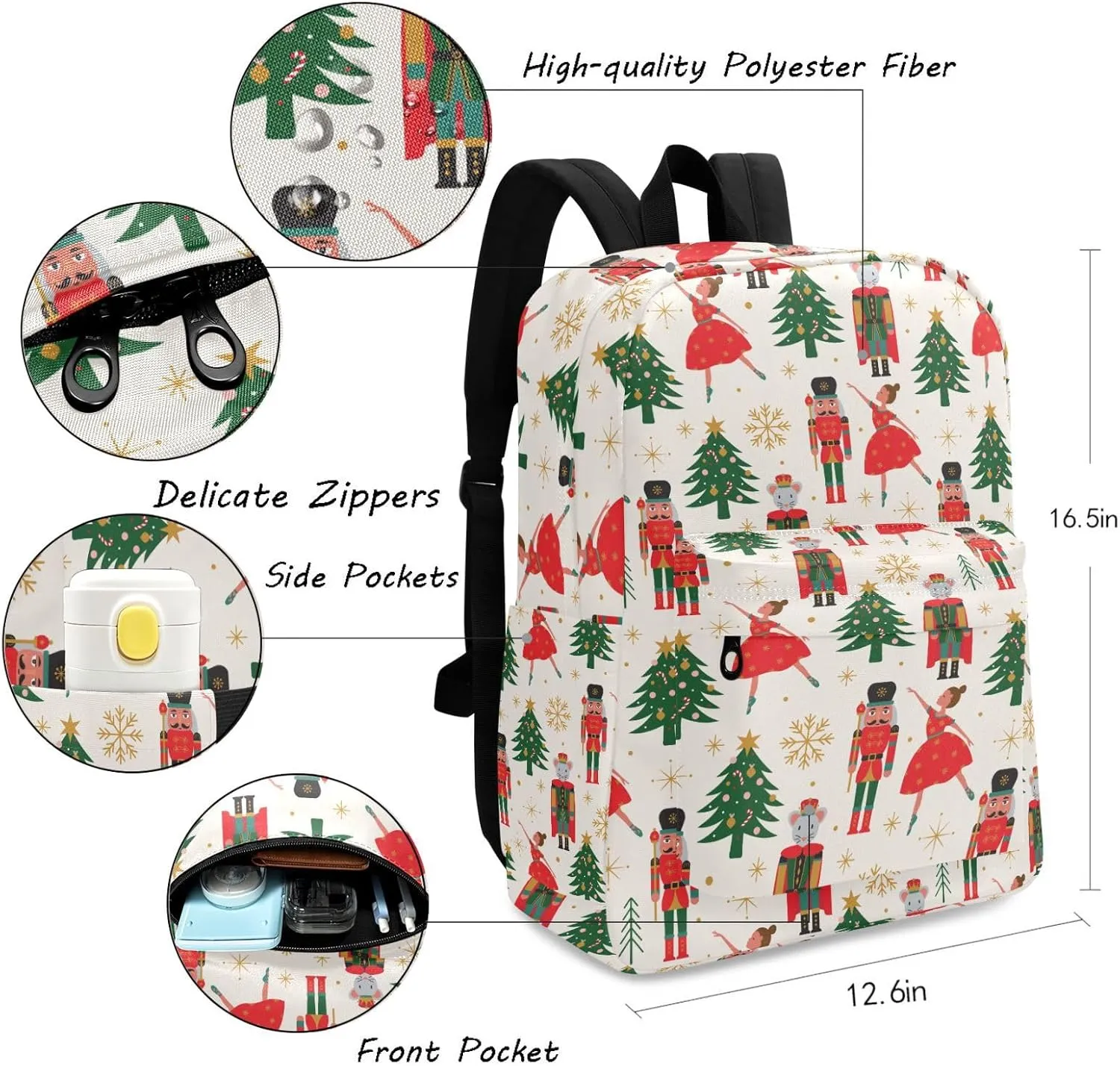 Large Backpack, Christmas Trees Nutcracker Ballerina Polyester Durable Travel Shoulder Daypack for Unisex School Bookbag Work Hiking Fit 16.5 Inch Notebook