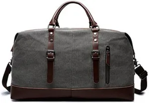 Large Grey Canvas Genuine Leather Trim Travel Tote Duffel Shoulder Handbag Weekend Bag