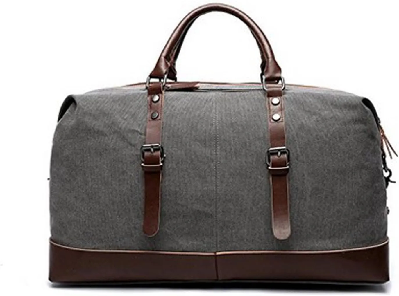 Large Grey Canvas Genuine Leather Trim Travel Tote Duffel Shoulder Handbag Weekend Bag