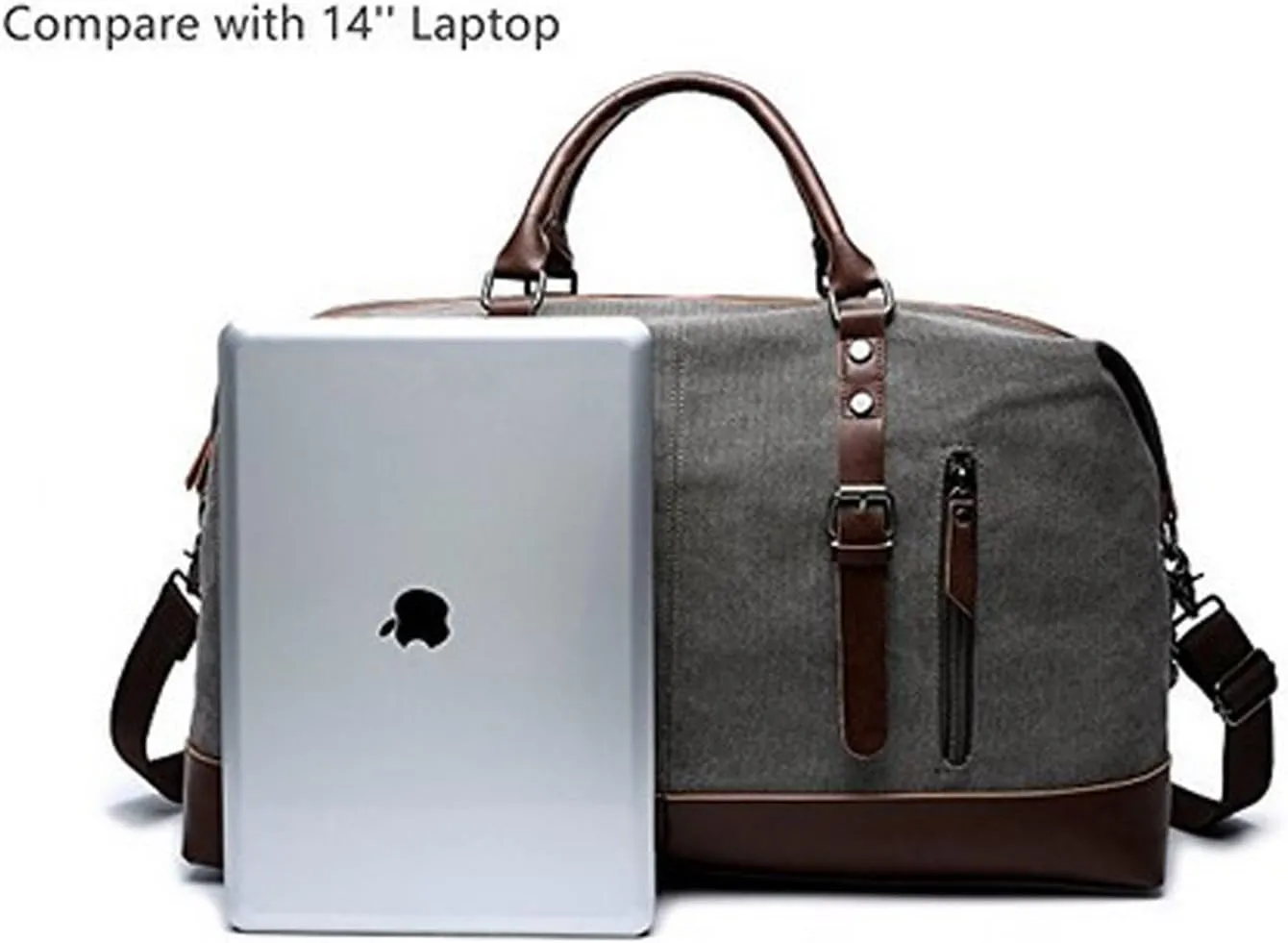 Large Grey Canvas Genuine Leather Trim Travel Tote Duffel Shoulder Handbag Weekend Bag