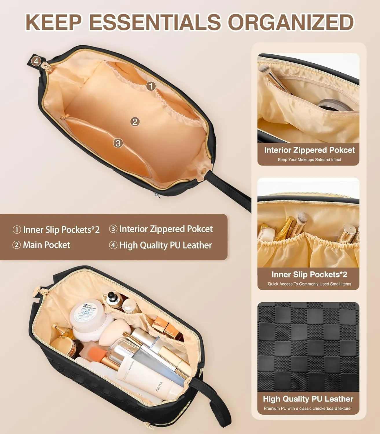 Large Makeup Bag, Double Layer Makeup Bag Organizer, Toiletry Bag For Women, Cosmetic Travel Bag, Leather Makeup Bag, Portable Toiletry Bag, Waterproof Roomy Bag For Women And Girls, Black