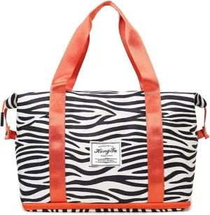Large Travel Duffel Bag Waterproof Expandable Duffel Gym Tote Bag Weekender Bags with Trolley Sleeve Carry On Overnight Bags for Women Black and White Stripe