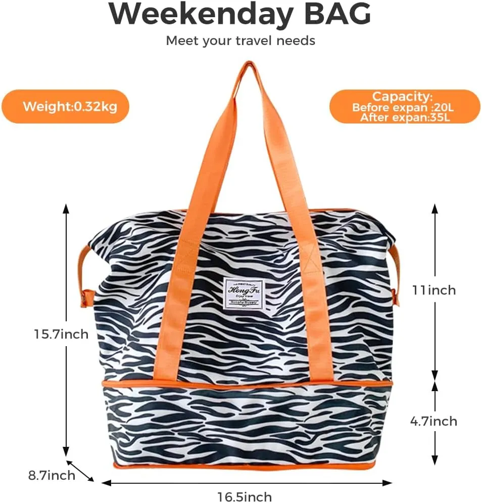 Large Travel Duffel Bag Waterproof Expandable Duffel Gym Tote Bag Weekender Bags with Trolley Sleeve Carry On Overnight Bags for Women Black and White Stripe