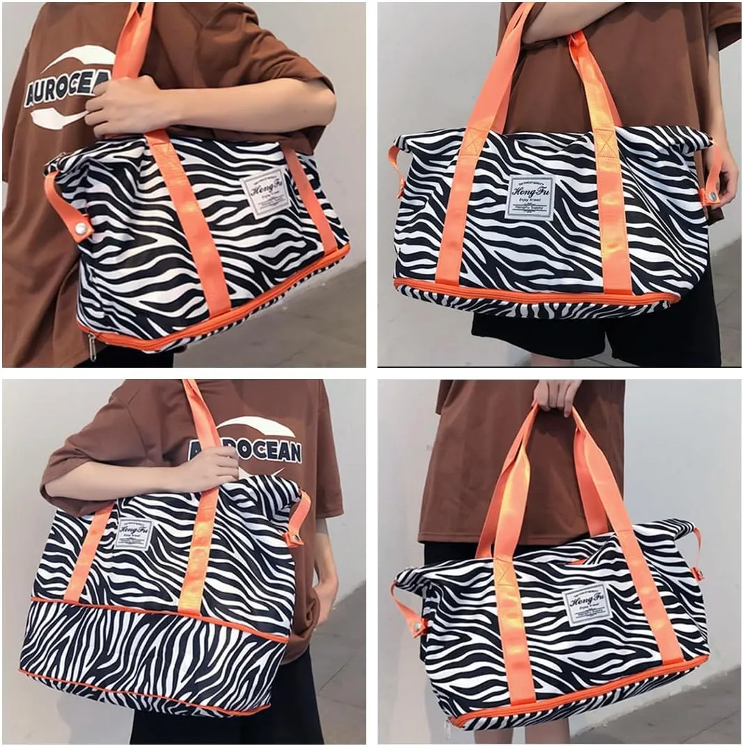 Large Travel Duffel Bag Waterproof Expandable Duffel Gym Tote Bag Weekender Bags with Trolley Sleeve Carry On Overnight Bags for Women Black and White Stripe