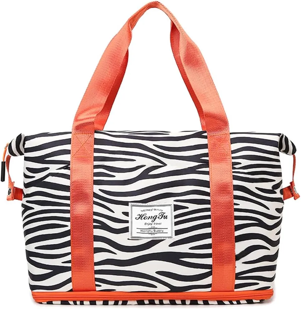 Large Travel Duffel Bag Waterproof Expandable Duffel Gym Tote Bag Weekender Bags with Trolley Sleeve Carry On Overnight Bags for Women Black and White Stripe