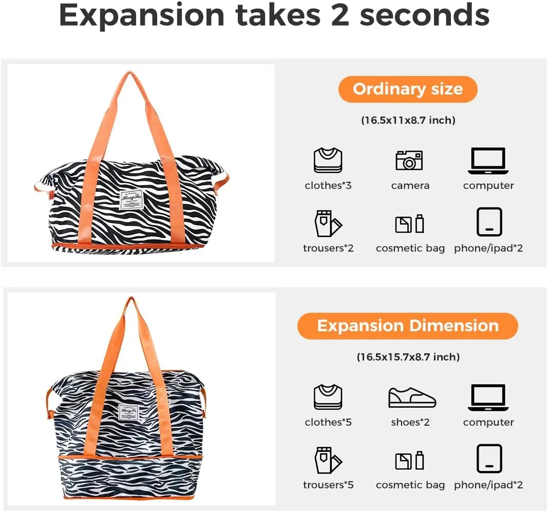Large Travel Duffel Bag Waterproof Expandable Duffel Gym Tote Bag Weekender Bags with Trolley Sleeve Carry On Overnight Bags for Women Black and White Stripe