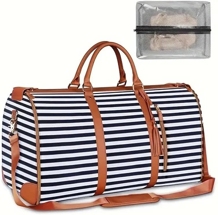 Large Travel Duffel Bag with Shoulder Strap, Blue Stripe Faux Leather, Weekend Overnight Carry-On with Laundry Bag