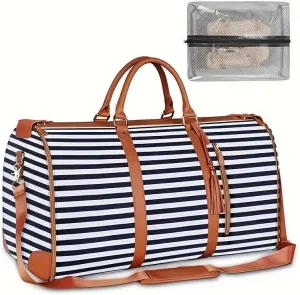 Large Travel Duffel Bag with Shoulder Strap, Blue Stripe Faux Leather, Weekend Overnight Carry-On with Laundry Bag
