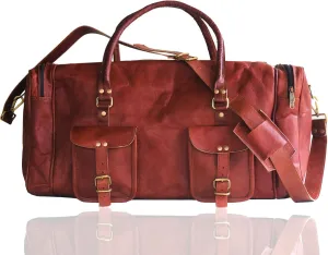 Leather 24 Inch Luggage Handmade Duffel Bag Carryall Weekender Travel Overnight Gym Sports Carry On Duffel Bags (Wood Brown)