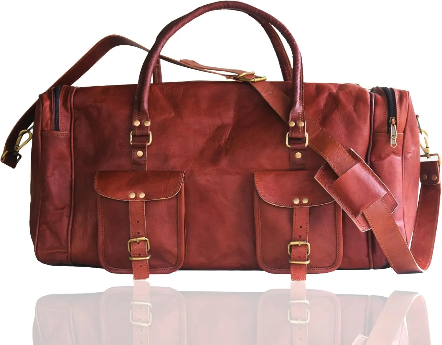 Leather 24 Inch Luggage Handmade Duffel Bag Carryall Weekender Travel Overnight Gym Sports Carry On Duffel Bags (Wood Brown)