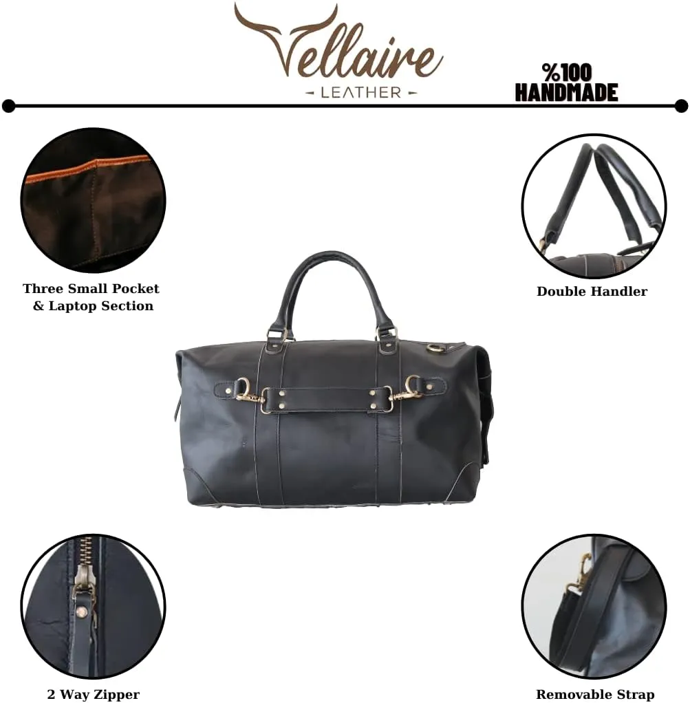 Leather Duffel Bag, Large Size Duffle Handmade Duffel Bag Genuine Leather Travel Weekend Overnight Duffel Bag Gym Sports Carry On Duffle Bag Overnight Bag for Men and Women (Black)