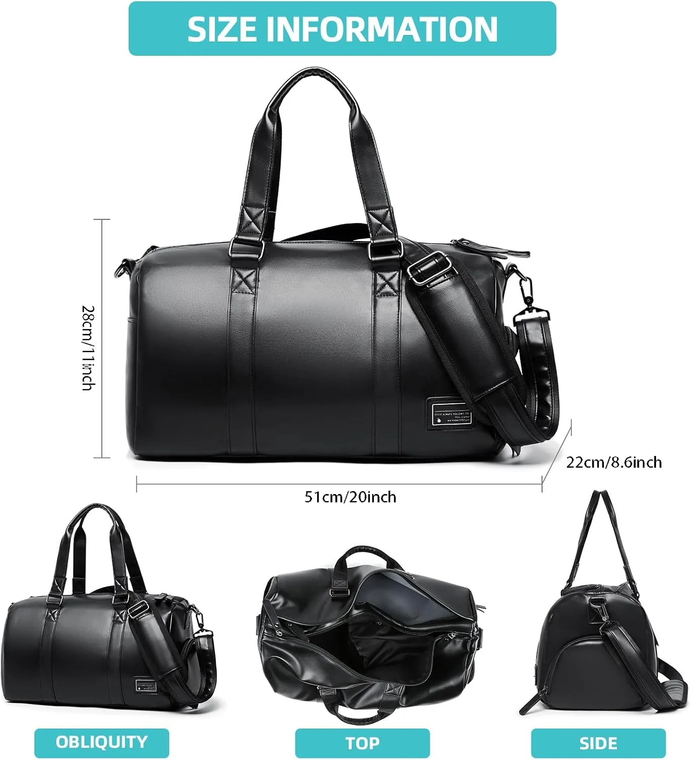 Leather Duffle Bags for Men Small Weekender Gym Bag Black Leather Duffel Bag with Shoe Compartment for Travel Sport Overnight, 20L