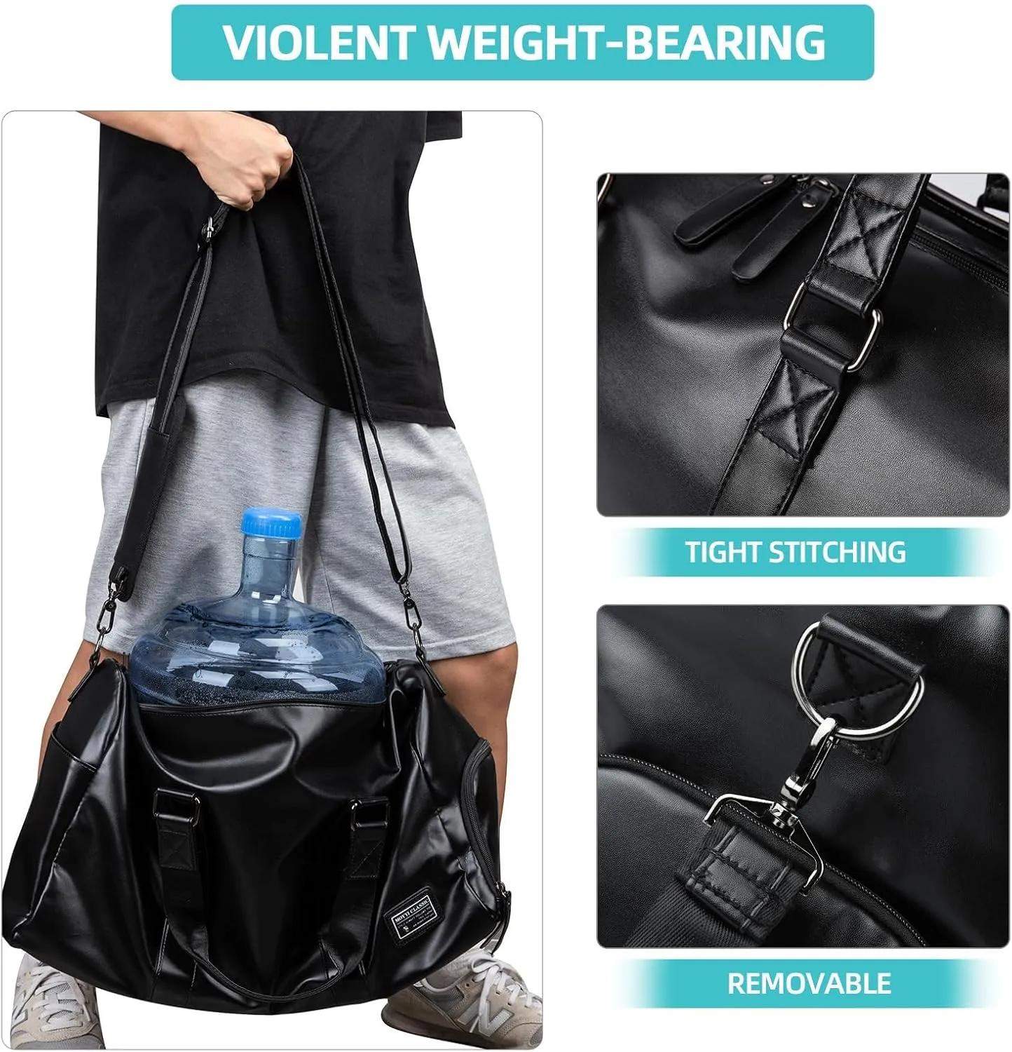 Leather Duffle Bags for Men Small Weekender Gym Bag Black Leather Duffel Bag with Shoe Compartment for Travel Sport Overnight, 20L