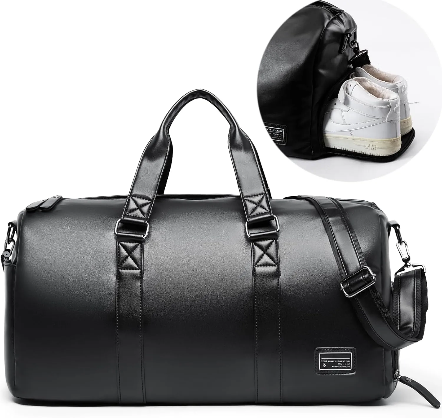 Leather Duffle Bags for Men Small Weekender Gym Bag Black Leather Duffel Bag with Shoe Compartment for Travel Sport Overnight, 20L