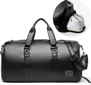 Leather Duffle Bags for Men Small Weekender Gym Bag Black Leather Duffel Bag with Shoe Compartment for Travel Sport Overnight, 20L