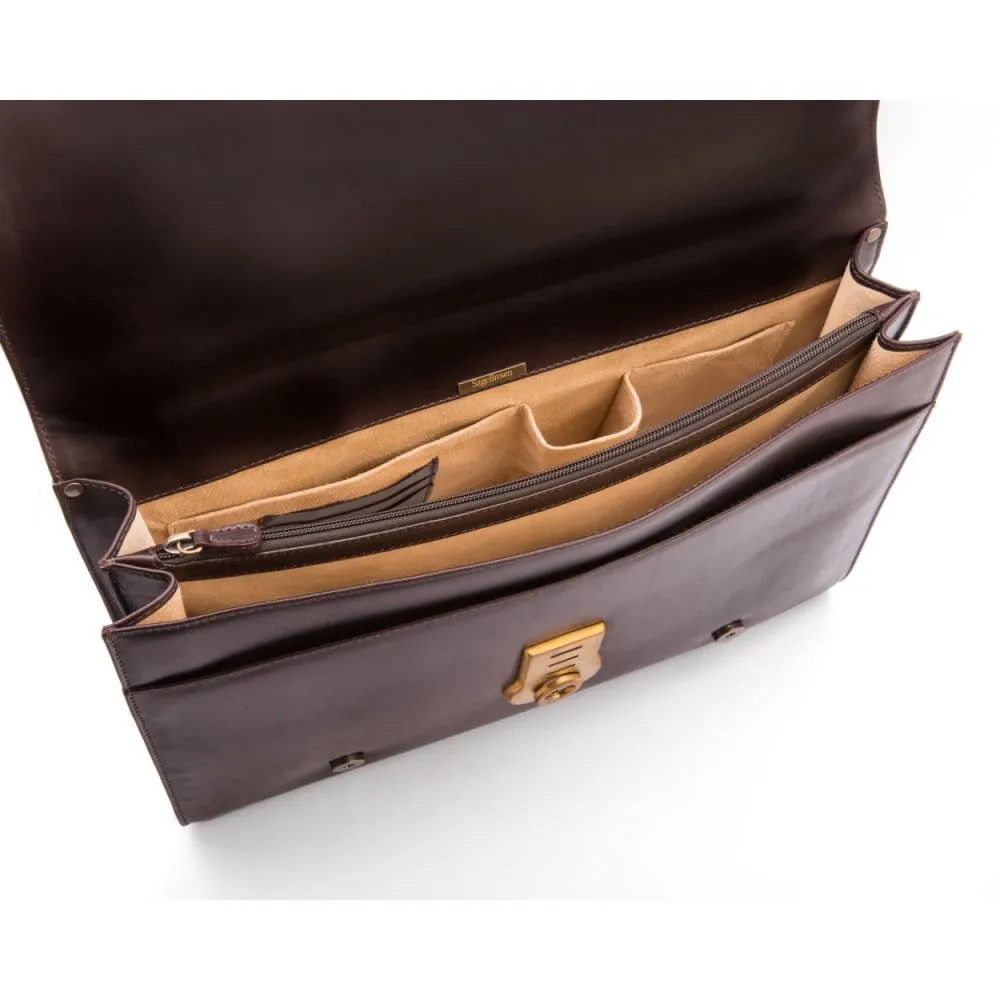 Leather Eton Briefcase With Solid Brass Lock - Brown