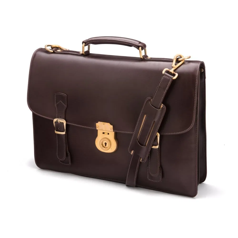 Leather Eton Briefcase With Solid Brass Lock - Brown
