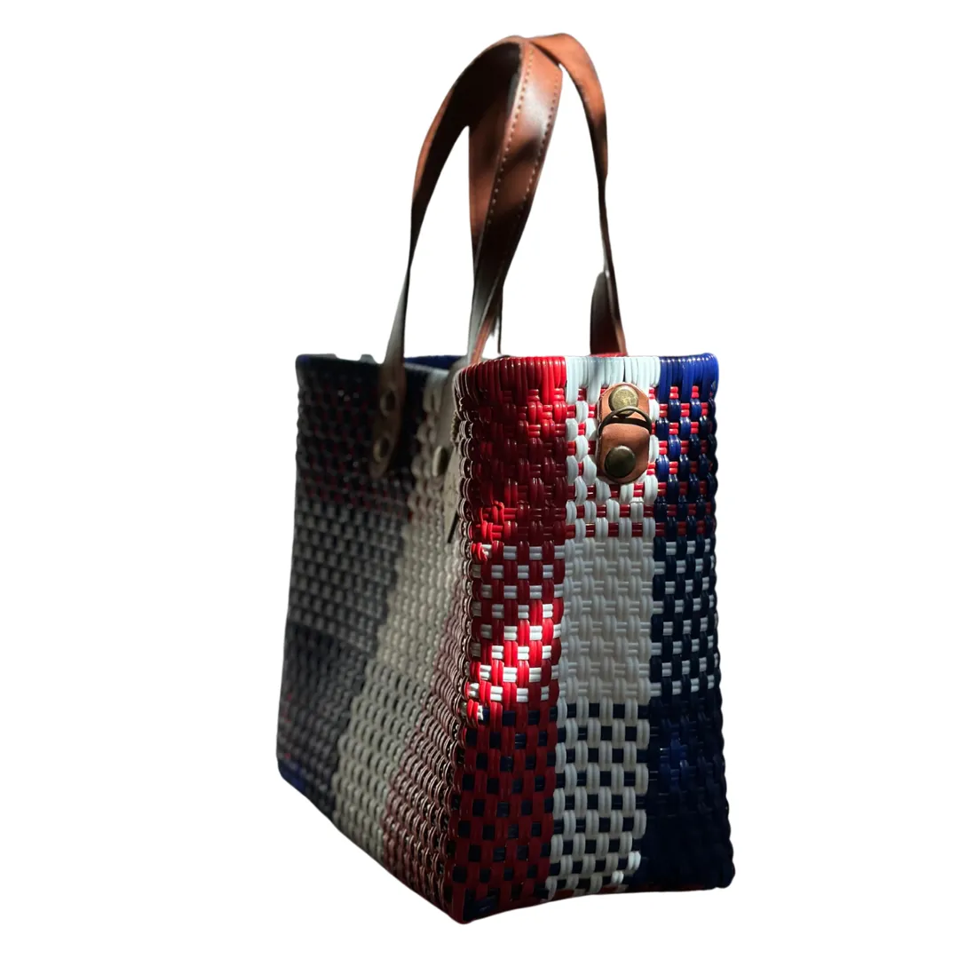 Leather Handles Tote - Red White Blue