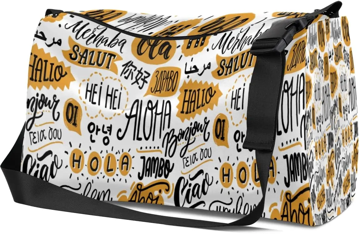 Leather Sport Gym Bag Different Cultural Words Weekender Bag for Women and Men Carry On Bag Language Pattern Travel Duffel Bag