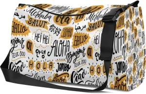 Leather Sport Gym Bag Different Cultural Words Weekender Bag for Women and Men Carry On Bag Language Pattern Travel Duffel Bag