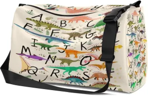 Leather Sport Gym Bag Polychromatic Dinosaurs and English letters Weekender Bag for Women and Men Carry On Bag Cartoon Dinosaur Travel Duffel Bag