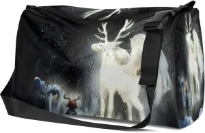 Leather Sport Gym Bag Sacred White Deer Pattern Weekender Bag for Women and Men Carry On Bag Unicorn Pattern Travel Duffel Bag