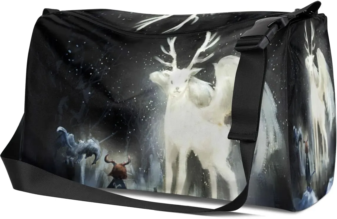 Leather Sport Gym Bag Sacred White Deer Pattern Weekender Bag for Women and Men Carry On Bag Unicorn Pattern Travel Duffel Bag