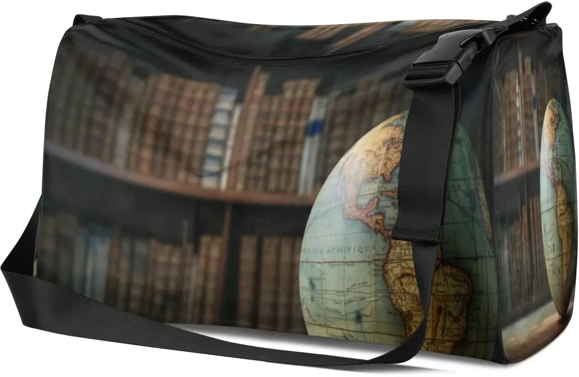 Leather Sport Gym Bag The Globe Of The Library Weekender Bag for Women and Men Carry On Bag Earth Pattern Travel Duffel Bag