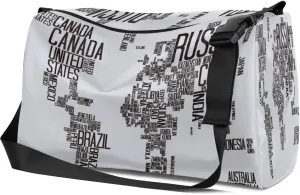 Leather Sport Gym Bag World Map of Words Weekender Bag for Women and Men Carry On Bag Creative Patterns Travel Duffel Bag
