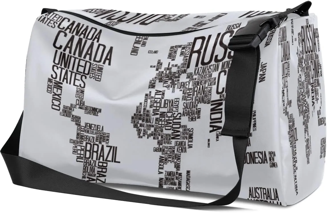 Leather Sport Gym Bag World Map of Words Weekender Bag for Women and Men Carry On Bag Creative Patterns Travel Duffel Bag