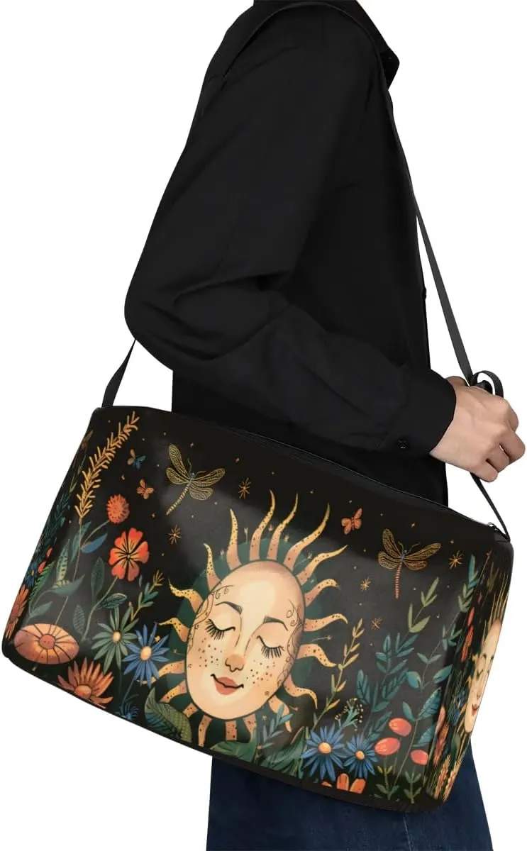 Leather Travel Duffle Bag for Women Men, Boho Flower Floral Sun Small Sports Gym Bag Weekender Overnight Bags Underseat Carry on Luggage Bags for Airplanes, Personal Item Travel Bag,A-027