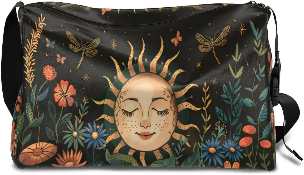 Leather Travel Duffle Bag for Women Men, Boho Flower Floral Sun Small Sports Gym Bag Weekender Overnight Bags Underseat Carry on Luggage Bags for Airplanes, Personal Item Travel Bag,A-027