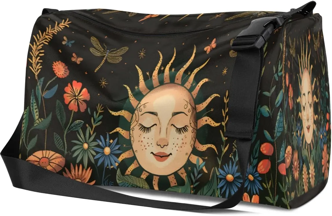 Leather Travel Duffle Bag for Women Men, Boho Flower Floral Sun Small Sports Gym Bag Weekender Overnight Bags Underseat Carry on Luggage Bags for Airplanes, Personal Item Travel Bag,A-027