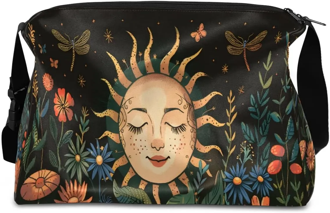 Leather Travel Duffle Bag for Women Men, Boho Flower Floral Sun Small Sports Gym Bag Weekender Overnight Bags Underseat Carry on Luggage Bags for Airplanes, Personal Item Travel Bag,A-027