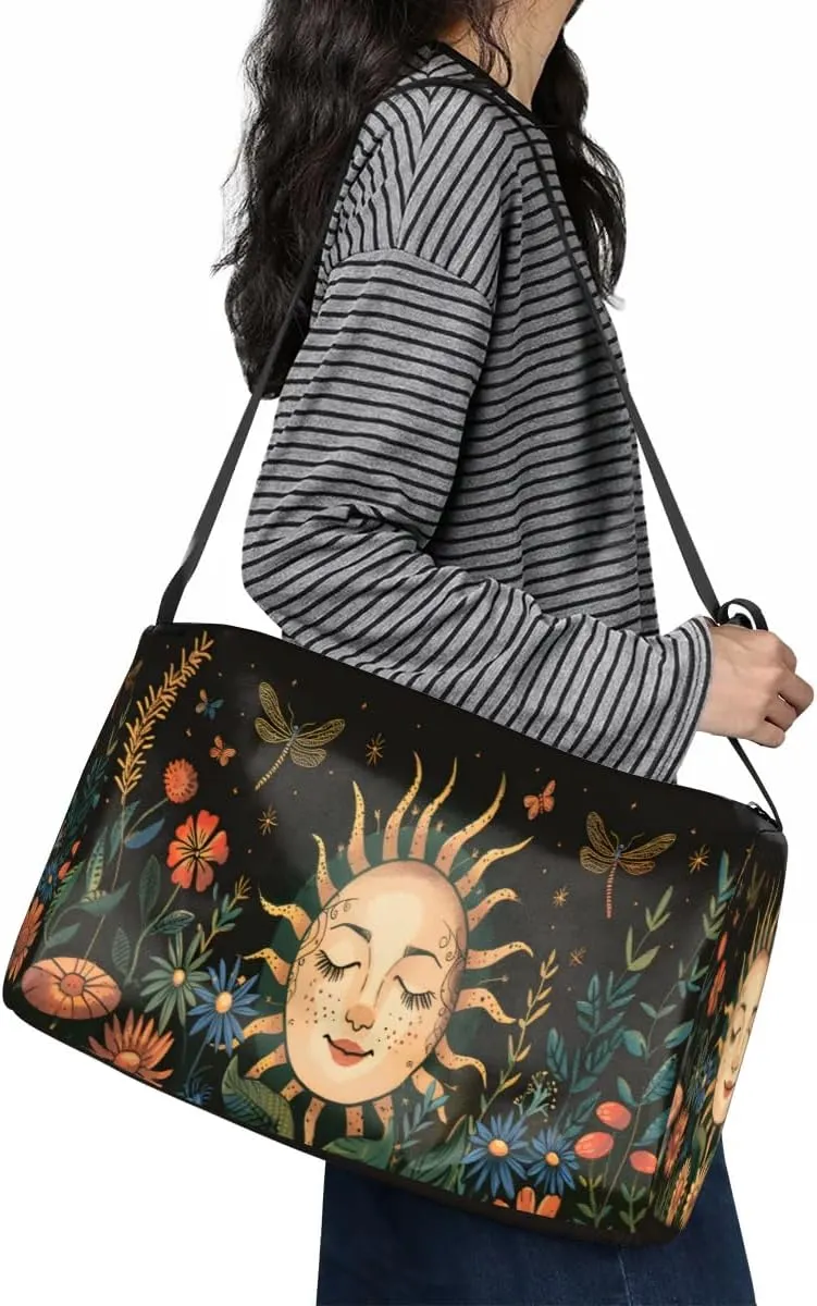 Leather Travel Duffle Bag for Women Men, Boho Flower Floral Sun Small Sports Gym Bag Weekender Overnight Bags Underseat Carry on Luggage Bags for Airplanes, Personal Item Travel Bag,A-027