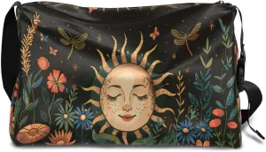 Leather Travel Duffle Bag for Women Men, Boho Flower Floral Sun Small Sports Gym Bag Weekender Overnight Bags Underseat Carry on Luggage Bags for Airplanes, Personal Item Travel Bag,A-027