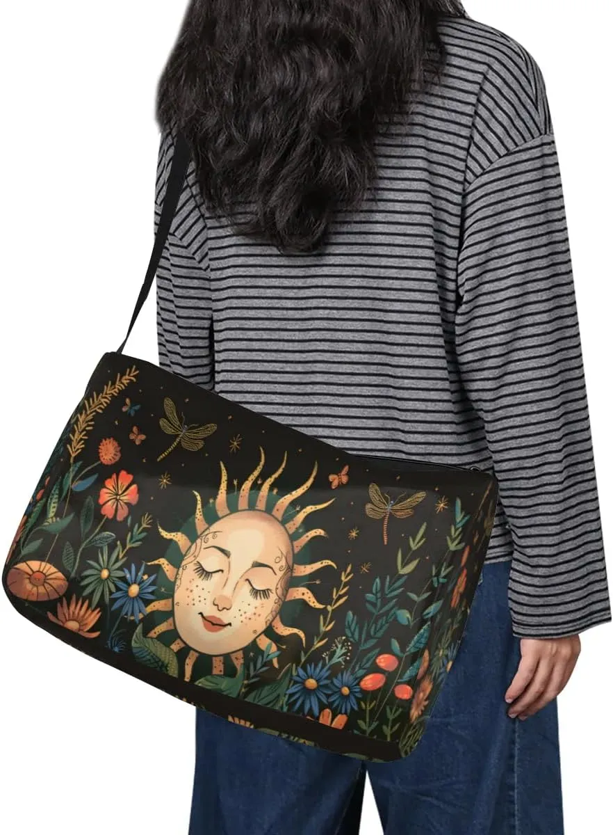 Leather Travel Duffle Bag for Women Men, Boho Flower Floral Sun Small Sports Gym Bag Weekender Overnight Bags Underseat Carry on Luggage Bags for Airplanes, Personal Item Travel Bag,A-027