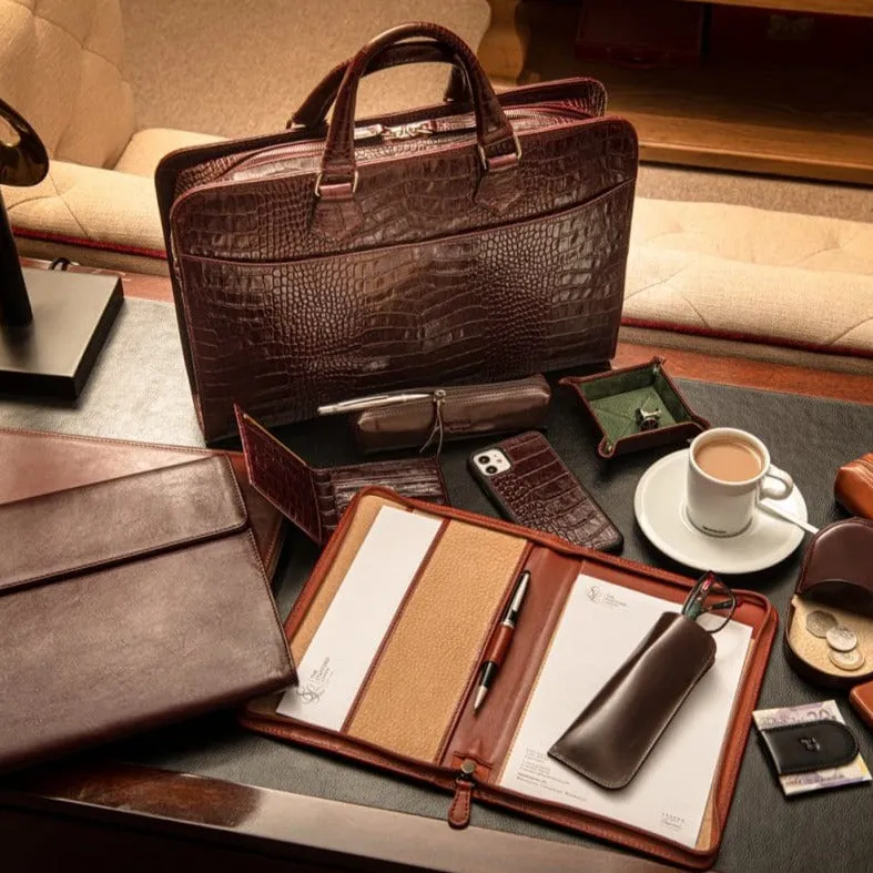 Leather Trinity 13" Laptop Briefcase - Burgundy Croc-Effect