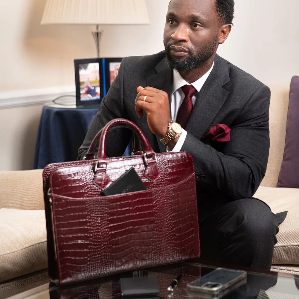 Leather Trinity 13" Laptop Briefcase - Burgundy Croc-Effect