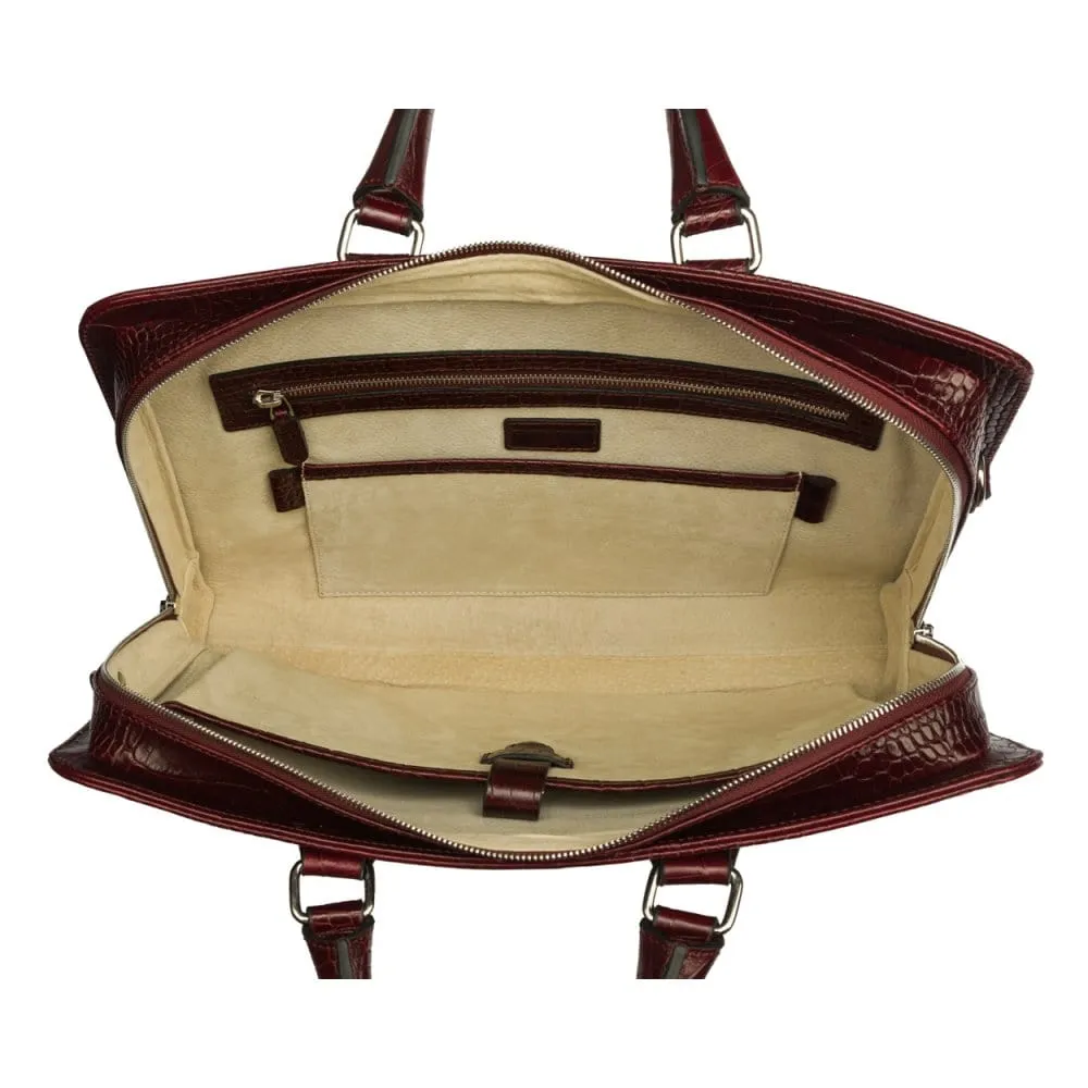 Leather Trinity 13" Laptop Briefcase - Burgundy Croc-Effect