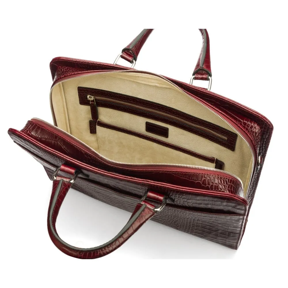 Leather Trinity 13" Laptop Briefcase - Burgundy Croc-Effect