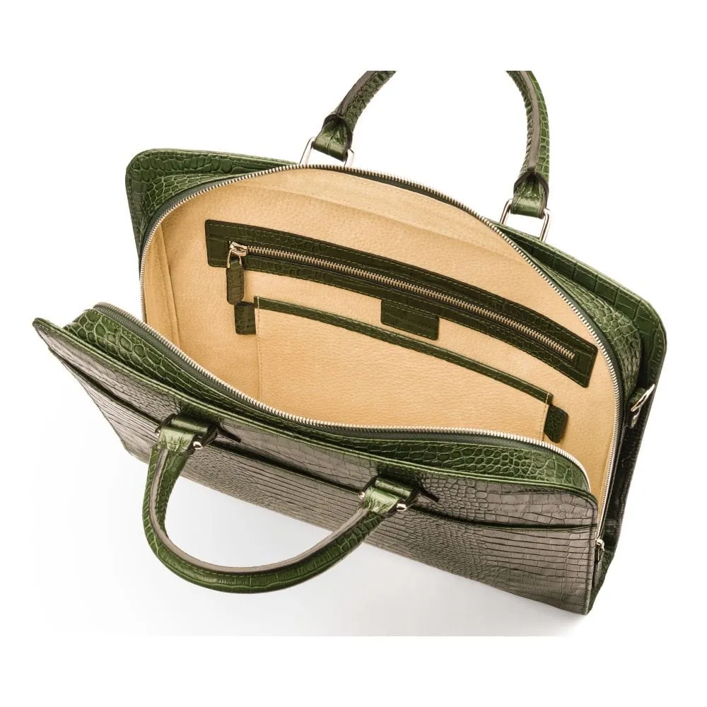 Leather Trinity 13" Laptop Briefcase - Green Croc-Effect