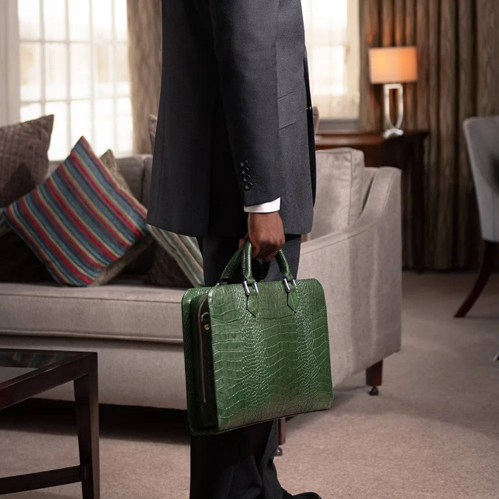 Leather Trinity 13" Laptop Briefcase - Green Croc-Effect