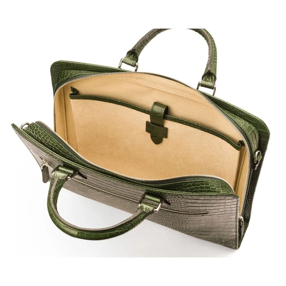 Leather Trinity 13" Laptop Briefcase - Green Croc-Effect