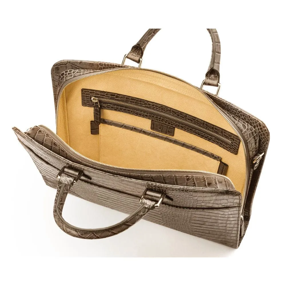 Leather Trinity 13" Laptop Briefcase - Taupe Croc-Effect
