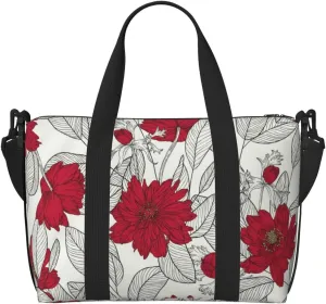 Leaves And Anemone Flowers In Red Grey Travel Bag for Women Men Weekender Bags Carry on Overnight Bag Tote Bag Yoga Gym Bag for Gym, Work, Weekend, Travel, Personal Items