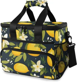 Lemon Flower Green Leaves Black Cooler Bag Insulated Cooler Soft Sided Cooler 24 Can Portable Picnic Bag Large Leakproof Lunch Bag Box for Beach Grocery Camping Travel Car Men Women
