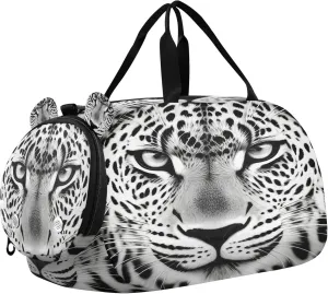 Leopards Face Kids Overnight Sports Duffel Bags with Shoe Compartment & Wet Pocket Travel Sport Gym Bag for Girls Boys