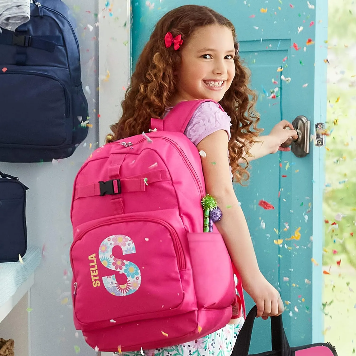 Let's Make Memories Kids Backpack for School - Personalized Back to School Supplies - Bookbag with Lunch Box - Pink - Flowers
