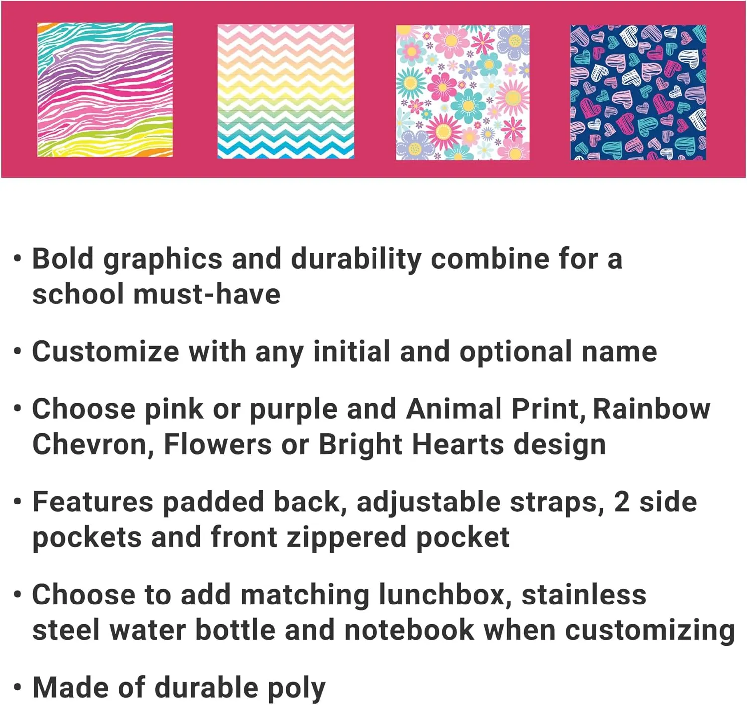 Let's Make Memories Kids Backpack for School - Personalized Back to School Supplies - Bookbag with Lunch Box - Pink - Flowers